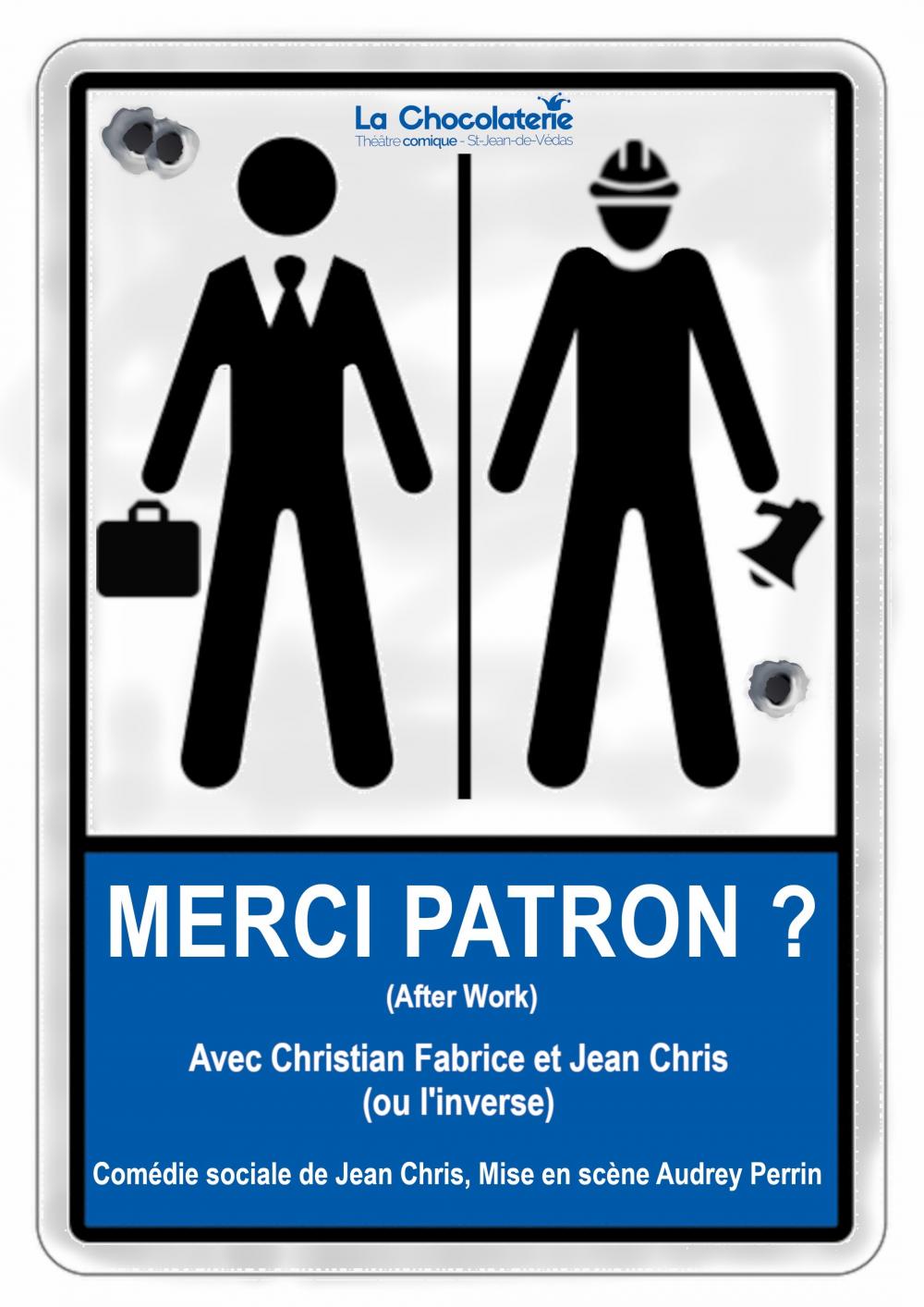 Affiche de Merci Patron : un pictogramme de toilettes revisités, un ouvrier et un patron au lieu d'une femme et un homme