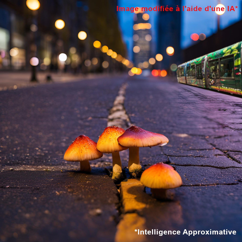 Des champignons au milieu d'une ville avec le tram de Montpellier